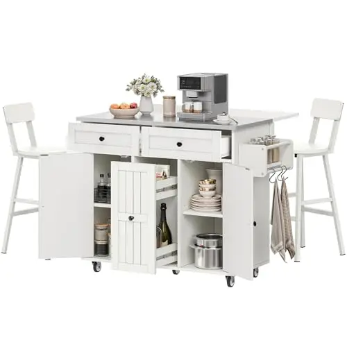 DWVO Kitchen Island with Seating, Mobile Kitchen Storage Island with Drop Leaf Countertop, Large Kitchen Island Table with Drawers, Cabinets, Bar Stools, Towel Rack and Spice Rack, White