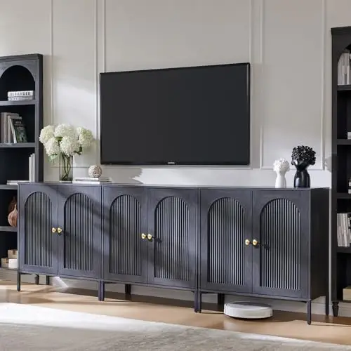 IFBUY Modern Sideboard Buffet Cabinet, 92.63" W Fluted Arched Buffet Cabinet with Storage and Adjustable Shelves, Wooden Modular Coffee Bar Cabinets for Kitchen, Entryway, Dark Grey