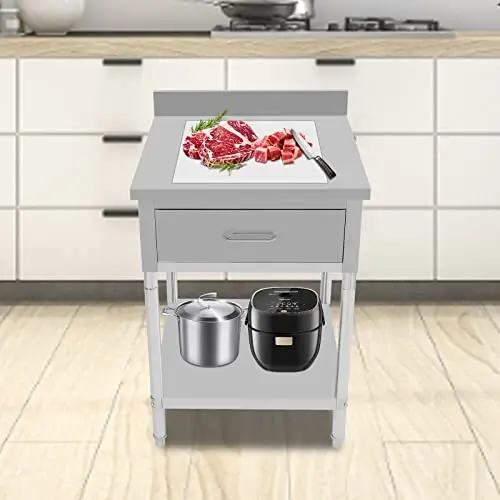 2-Tier Commercial Worktable 24 * 24-Inch Stainless Steel Food Prep Workstation with 1 Drawer Kitchen Island Storage Rack Organizer Free Standing Shelving Unit 660LBS Load for Home Restaurant Hotel