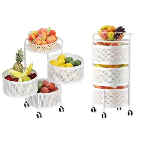 JAQ No Assembly Integrated Rotating Storage Cart, 3-Tier Rolling Storage Cart with Wheels, Solid Carbon Steel Onion Potato Storage, Kitchen Storage Cart, Vegetable Storage Cart, White