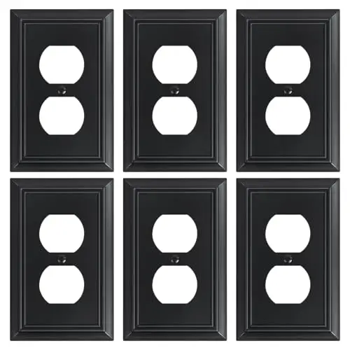 6-Pack Duplex Outlet Cover Plate, Decorative Matte Black Switch Plates and Outlet Covers, Natural Bamboo Fiber Wall Plates for Electrical Outlets, 1 Gang Receptacle Cover, Corrosion Resistant