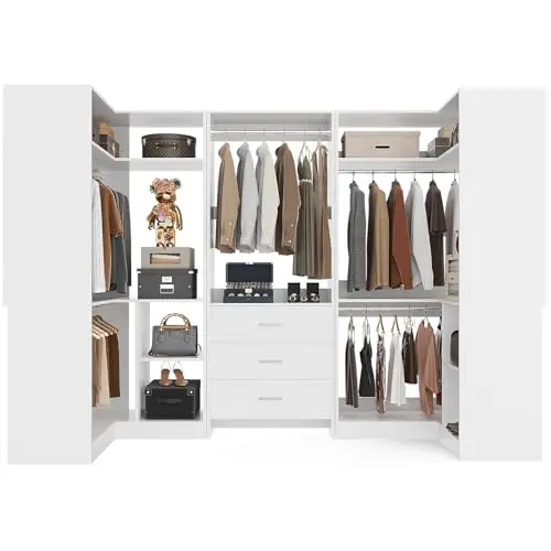 Aheaplus Closet System with 3 Drawers, 5 Hanging Rods & Corner Tower, Corner Closet System with Hanging, 88.8" U-Shaped Walk-In Wardrobe Organizer, 2000+ lbs Capacity, Set of 3,White