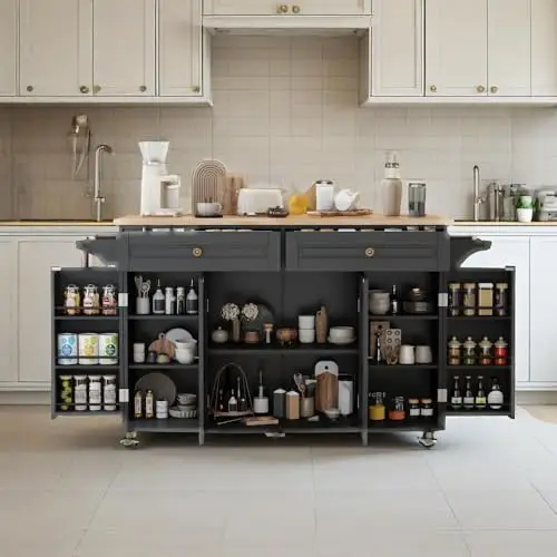CayugaCrekrd Kitchen Island Cart with Storage on Wheels, 59" Large Rolling Kitchen Island with Drop Leaf, Mobile Island for Kitchen with Towel Rack, Drawers for Dining Room, Black