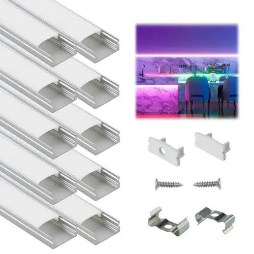Muzata 10Pack 3.3FT/1M LED Channel Aluminum U Shape Silver LED Strip Diffuser Channel with Milky White Cover Easy Installation U1SW WW 1M