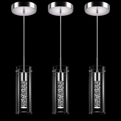 Esfos Pendant Ceiling Light Fixture, LED Kitchen Lighting Crystal Pendant Lights Kitchen Island, 1-Light Integrated Kitchen Hanging Light Fixture Modern Island Light with Bubble Glass Three Pack