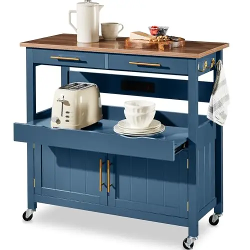 Best Choice Products 36in Large Rolling Kitchen Island Cart, 2-Door Cabinet, 2 Drawers, Pull-Out Shelf, Power Outlet, Hooks, & Swivel Lockable Wheels - Slate Blue