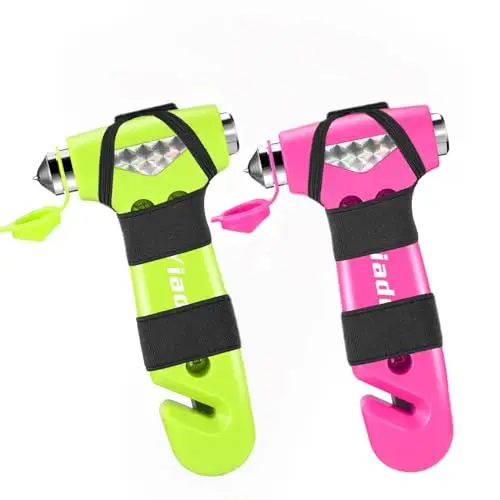 Yiader Car Safety Hammer, 2 Pack Automotive Escape Tool with Car Window Breaker and Seatbelt Cutter, Glass Breaker Car Essentials Emergency Escape Tool for Women(Pink+Green)