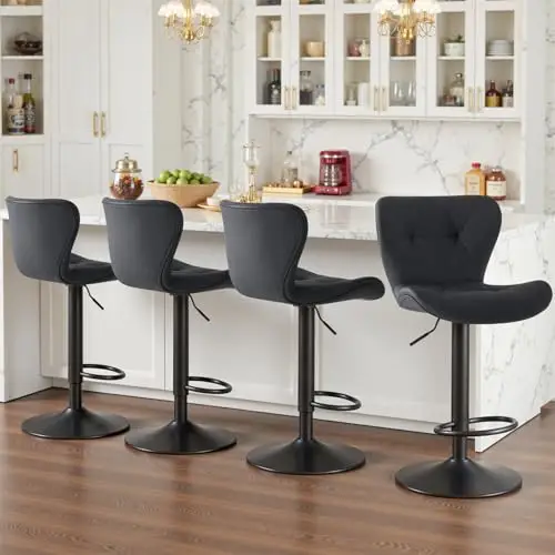 Sweetcrispy Modern Bar Stools Set of 4, Adjustable Faux Leather Upholstered Swivel Bar Stools, Counter Height Chairs with Back for Kitchen Island, Black
