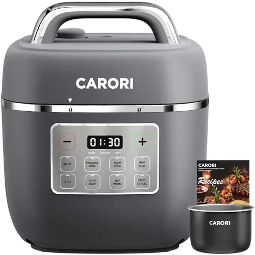 CARORI Electric Pressure Cooker 3QT, 8-Function Compact Multi-Cooker with Ceramic Nonstick Pot for Saute, Pressure Cook, Slow Cook, Meat Stew, Rice, Delay Start, Keep Warm, Safe Venting, Gray