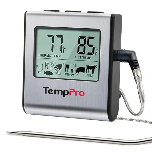 TempPro TP16 Large LCD Digital Meat Thermometer for Smoker Oven Kitchen BBQ Grill Thermometer Clock Timer with Stainless Steel Temperature Probe, Cooking Gifts for Father&Husband(Previously ThermoPro)