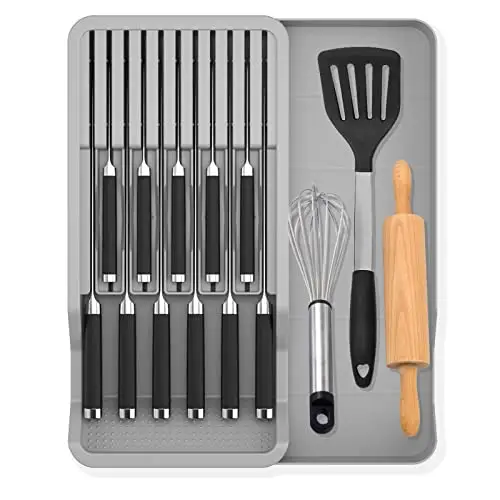 Mulikeer Expandable Drawer Knife Insert Organizer - Plastic Knife Storage Tray for Kitchen Drawers, Adjustable to Fit 11 Knives, BPA-Free, Ventilated, Space-Saving, Easy to Clean