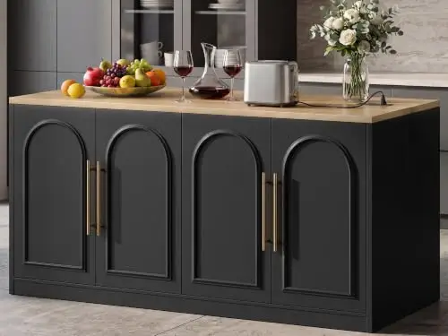 Homiflex Kitchen Island on Wheels, 63" L Large Kitchen Island Table with Power Outlet Wooden Kitchen Countertop with 4 Arch Doors Large Storage Cabinet & Seating Room for Dining Room, Home Bar, Black