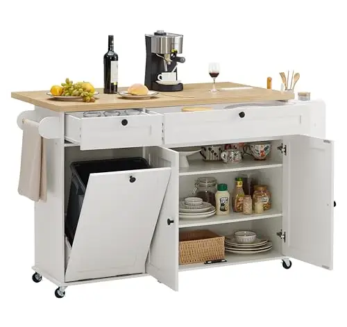 ONBRILL 60" Kitchen Island with Power Outlet & Drop Leaf, Rolling Island with Spice Rack & Towel Rack, Kitchen Island Cart with Trash Storage Cabinet, Island Table for Kitchen, White