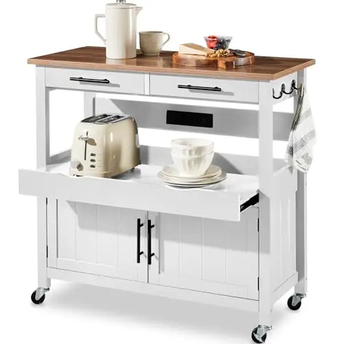 Best Choice Products 36in Large Rolling Kitchen Island Cart, 2-Door Cabinet, 2 Drawers, Pull-Out Shelf, Power Outlet, Hooks, & Swivel Lockable Wheels - White
