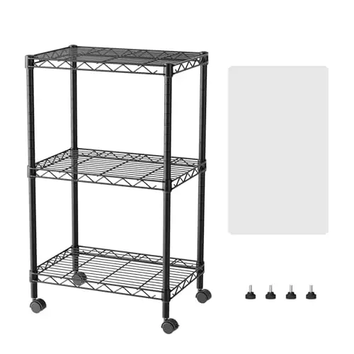 SINGAYE 3 Small Shelves Storage Shelf Wire Shelving Unit Metal Shelf Adjustable Organizers Storage Shelving with Wheels for Bathroom Laundry Room Kitchen Pantry11.5”D x 17.5”W x 30.5”H Black
