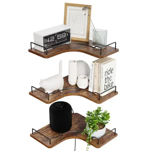 FNBAR L-Shaped Corner Floating Shelves Set of 3,Rustic Wood Wall Mounted Storage Shelves,Display Shelf for Bathroom, Kitchen,Bedroom, Living Room, Office (Brown)