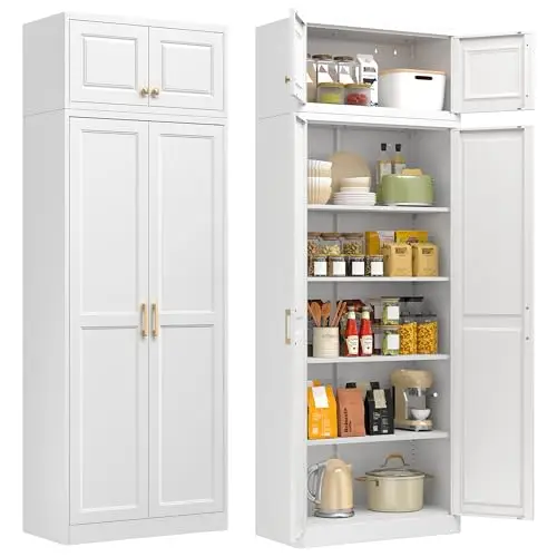 86" Tall Metal Kitchen Pantry Storage Cabinet with Doors and 4 Adjustable Shelves, Extra Large Heavy Duty Steel Storage Cabinet for Kitchen, Garage, Living Room, Pantry Cupboard, White (2 Packages)
