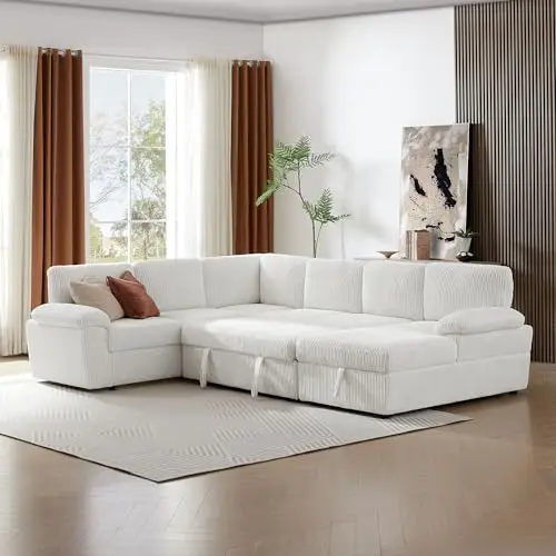 Oversized U-Shaped Sleeper Sectional Sofa with Pull Out Sleeper Couch Bed, Fluffy Corduroy Upholstered Right Facing Corner Sofa Couch Convertible Sleeper Sofabed W/Storage Chaise and Pillow-top Arms