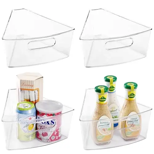Oubonun Lazy Susan Organizers Set of 4, 10.2”x 9.4”x 4” Plastic Transparent Kitchen Cabinet Storage Bins with Handle, 4" Deep Container, 1/8 Wedge - Food Safe, without BPA