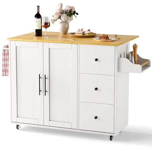 GRUSIGN Kitchen Island on Wheels with Storage-Multifunctional Kitchen Island Cart with Drop Leaf, Rolling Island with Spice/Towel Rack,Expandable Island Table Kitchen,39.37" Width,White