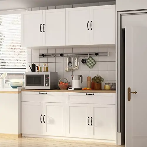 AIEGLE Large Kitchen Pantry Cabinet Set with Wall Mounted Storage Sideboard, Freestanding Wall Storage Cabinet with Shelves, 8 Doors & 2 Drawers, Utility Console Dining Cupboard, White 63" W