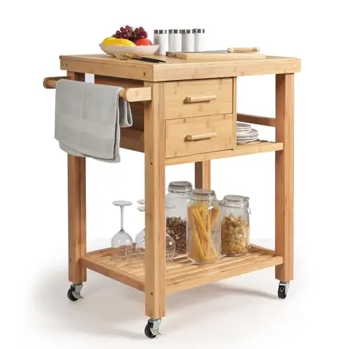 SILKYDRY Kitchen Island, Rolling Butcher Block Kitchen Cart on Wheels, Bamboo Kitchen Trolley with Drawers, Shelves, Towel Rack, Small Kitchen Island Cart for Dining Room