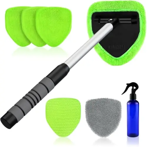 XINDELL Windshield Cleaner Tool – Car Interior Window Cleaning Kit with Extendable Handle & 4 Microfiber Pads, Auto Wiper Inside Windshield Brush for Car & Home Windows