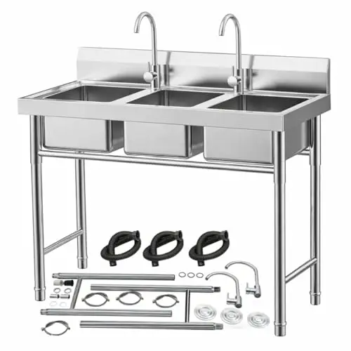 LIAPDG 3-Slot Kitchen Sink, 39 x 18 x 35.8 Inch 3-Compartment 304 Stainless Steel Sink with 2 Faucets & Pipes - Commercial Grade, Triple Bowl Sink for Garages, Laundry Rooms