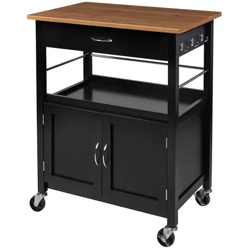 eHemco Kitchen Island Cart on Wheels, Black Base, Natural Bamboo Top