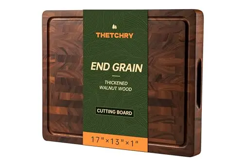 THETCHRY Walnut Cutting Boards for Kitchen, End Grain Wooden Cutting Board, Large Chopping Board Double Sided with Handle, Thick Butcher Block Charcuterie Meal Prep & Serving with Gift Box, 17"×13"×1"
