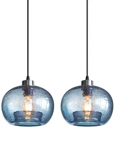 CASAMOTION Hand Blown Glass Pendant Lights Kitchen Island Marble Blue Color Modern Rustic Style Ceiling Hanging Light Fixtures Dining Room Brushed Nickel 8.7 Inch Diameter 2 Pack