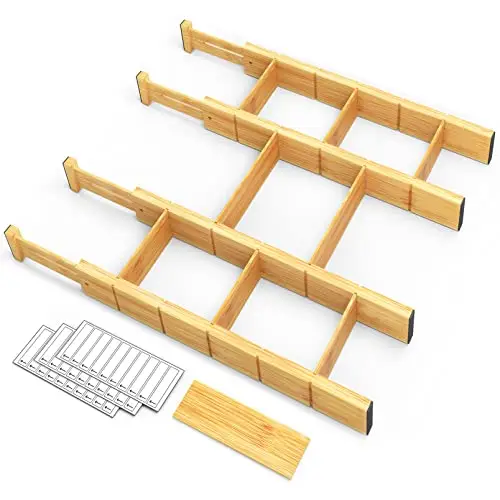 SpaceAid Bamboo Drawer Dividers with Inserts and Labels, Kitchen Adjustable Drawer Organizers, Expandable Organization for Home, Office, Dressers, 4 Dividers with 9 Inserts (17"-22" Natural)