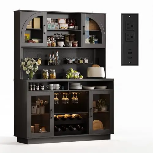 IPKIG 71" Kitchen Pantry Cabinet with Charging Station, Kitchen Hutch Storage Cabinet with LED Lights, Pantry Organizers and Storage with Anti-Tip Device for Dining Room, Black