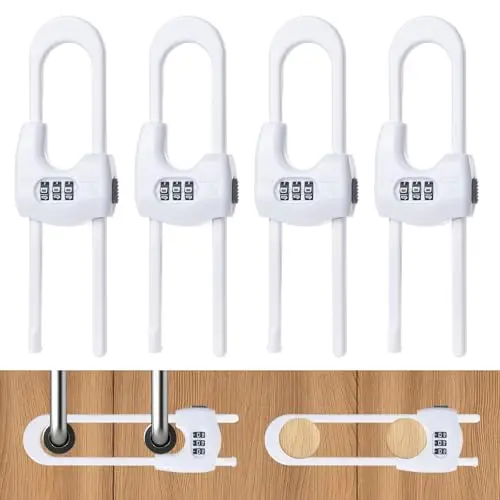 4 Pack Cabinet Locks Baby Proofing Upgrade Child Proof Cabinet Lock Adjustable U-Shaped Code Locks Sliding Cabinet Door Lock Latches Set for Cupboard Knob Handle Drawers Closet (White)
