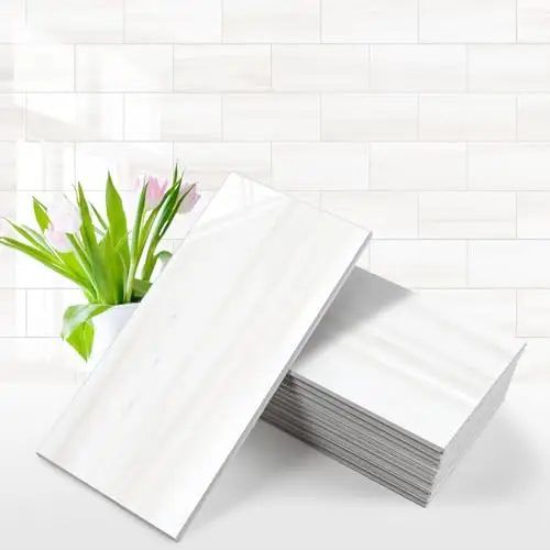 Vamos Tile 100-Piece Glossy Dolomite White Peel and Stick Backsplash Tile,3''x6'' PVC Subway Tile with White Grout, Stick on Backsplash for Kitchen/Bathroom/Fireplace