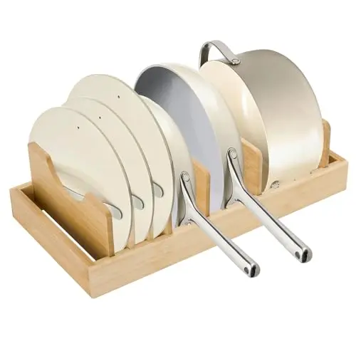 Pan Organizer Compatible with Caraway, Pots and Pans Organizer Under Cabinet, Bamboo Pot Lid Organizers with Adjustable Dividers, U-Shaped Lid Slots, Ideal for Kitchen Countertop and Cabinet Storage