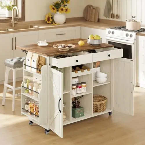 VASAGLE Mobile Kitchen Island with Drop Leaf, Portable Island with Spice Rack, Mobile Cart with Storage Cabinet, 17.7-28.7 x 49.3 x 36 Inches, for Dining Room, Rustic White and Honey Brown UKKI012W01