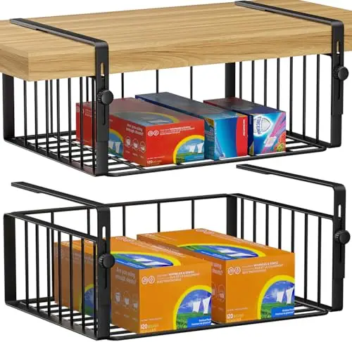 AmonHouseware 2Pack Under Shelf Basket Organizer,Adjustable Hanging Holder Storage for Cabinet Pantry Kitchen Cupboard Desk Counter Bookshelf Organization Add-on Space Saver Heavy Duty Slide-in,Black