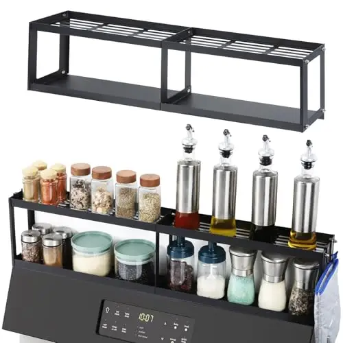 OTraki 2 Tier Strong Magnetic Oven Shelf 30 Inch Length Spice Rack Over The Stove Shelf with 2 Anti-Slip Mats Seasoning & 4 Hooks Kitchen Spice Storage Organizer Black