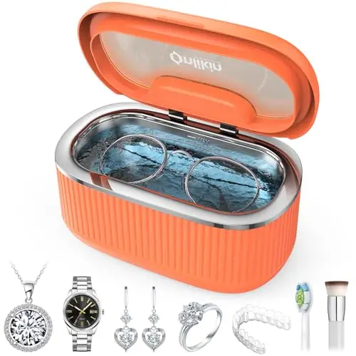 onlikin 35W Ultrasonic Jewelry Cleaner, 45KHz Retainer Cleaner for Jewelry, 5 Timer & 3 Power Modes, Eyeglasses, Rings, Watch Strap, Dentures - 20oz, 304 Stainless Steel Tank, Quiet <38dB (Orange)