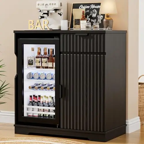 Aauro Home Mini Fridge Cabinet (Fridge Included), Fluted Coffee Bar Cabinet with Refrigerator, Pull Out Drawer & Storage Cabinets, 31.5" Liquor Wine Bar Cabinet for Home, Kitchen, Dining Room, Blac