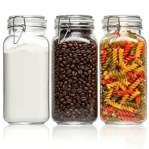 ComSaf 3-Pack 78oz Large Square Airtight Glass Jars for Bulk Food, Holds a 4lb Bag of Sugar or 5lb of Rice, Wide Mouth Canister for Flour, Coffee & Pantry Organization