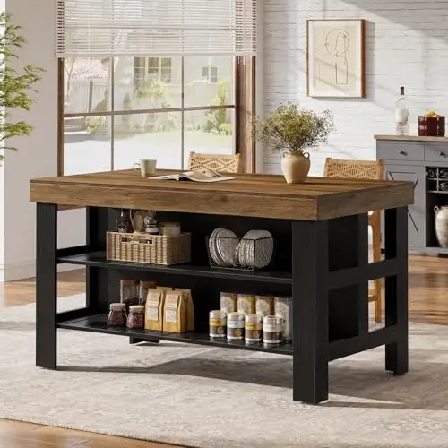 Tribesigns Kitchen Island with Storage and Seating, Farmhouse Large Stationary Wood Island Table for Kitchen Dining Room (Black and Brown)
