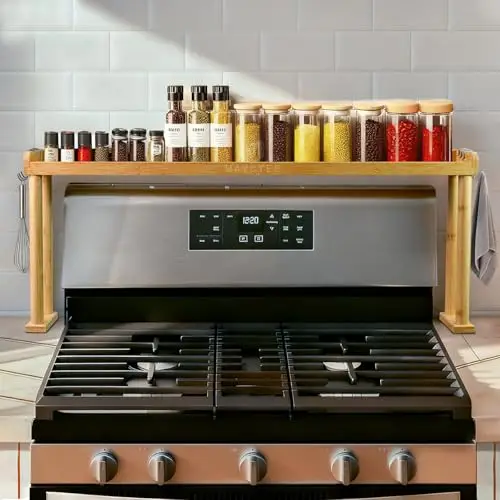 MAVOTER Over The Stove Top Shelf for Kitchen Bamboo Spice Rack Organizer for Back of Stove with Protective Lips & 6 Hooks,Easy Installation 33.5 * 4.5 * 13.4”