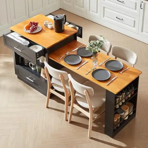 ONBRILL 76" Kitchen Islands with Extendable Dining Table, 2-4 Island Table with Double-Side Storage, Mobile Storage Islands Cart with Power Outlet & Spice Rack, Black