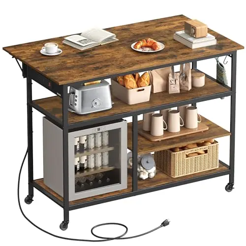 VASAGLE Kitchen Island with Drop Leaf, 47.2" Width Rolling Kitchen Cart with Power Strip, Extendable Worktop, Workbench,Pegboard, Adjustable Shelf, Rustic Brown and Ink Black UKKI013K01