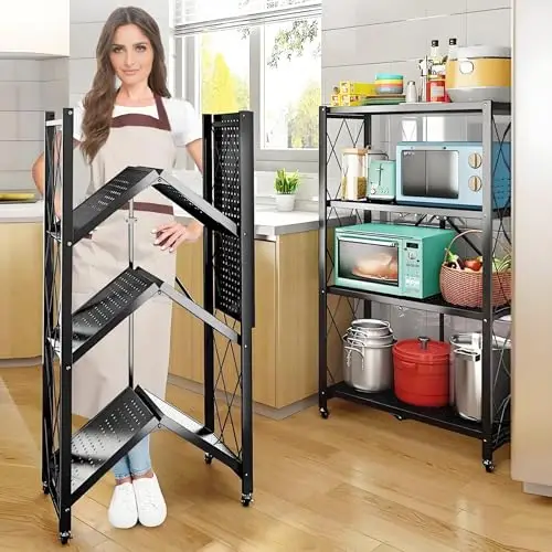 TEMZICK 4-Tire Storage Shelves Organizer, Foldable Metal Garage Shelving, Portable Closet Shelving Unit, 28" x 13" x 48" Kitchen Bakers Rack Microwave Stand on Wheels (Tiered Shelf-4)