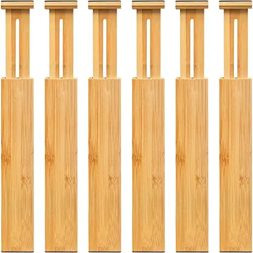 VaeFae Adjustable Bamboo Drawer Dividers, Expandable Drawer Organizer for Kitchen, Bedroom, Bathroom, Dresser and Office, 6-Pack
