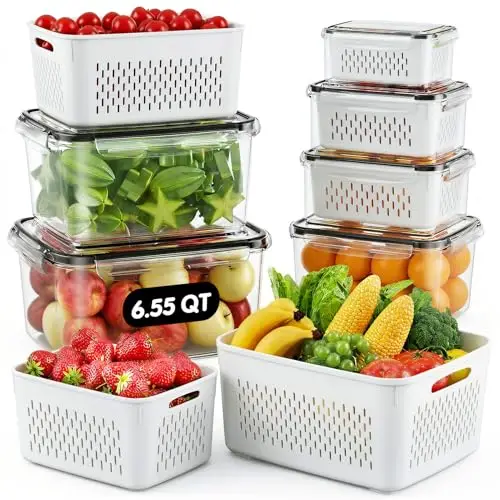 Fruit Storage Containers for Fridge - 6 Pack Produce Storage Containers with Removable Colander, Leakproof Refrigerator Fruit Organizers Keep Berry Veggie Salad Meat Fresh Longer, Largest 6.55 Quart