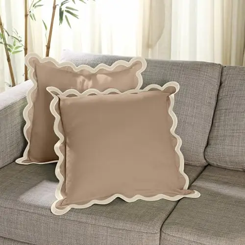 Folkulture Fall Pillow Covers 20x20 - Set of 2 | Brown Fall Throw Pillows for Living Room, Fall Bedroom Decor |Decorative, Cute, Aesthetic, Preppy, Scalloped Outdoor Pillows for Couch,Farmhouse Decor